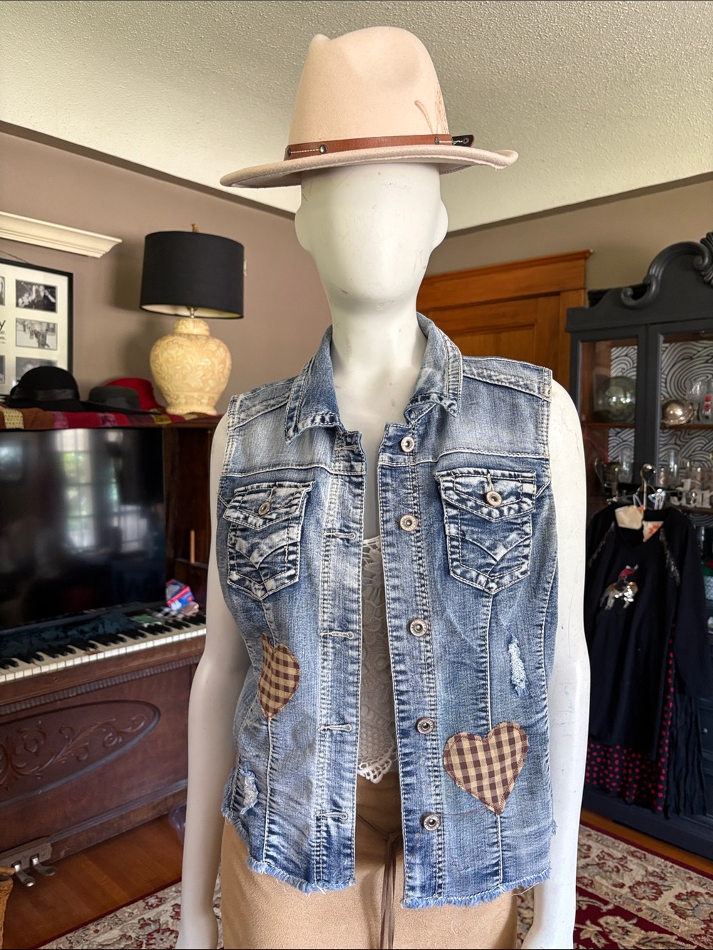 # 122  Distressed upcycled “ Cowgirl “ Denim Vest